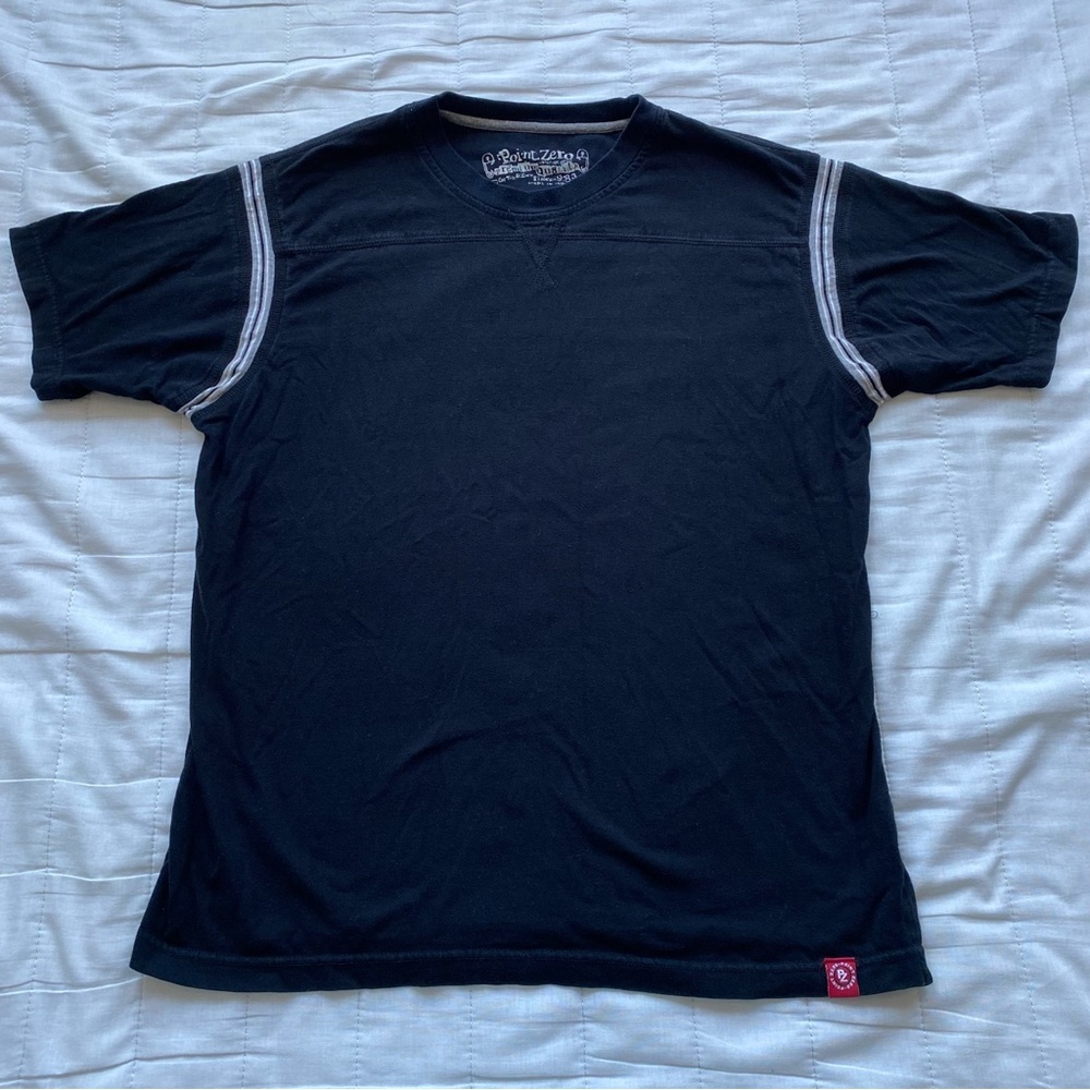 Point Zero Black Short Sleeve Crewneck Tee with Shoulder Stripes